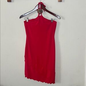 Moda International Halter Dress Red Asymmetrical Ruffle Party Boho Sz Small
